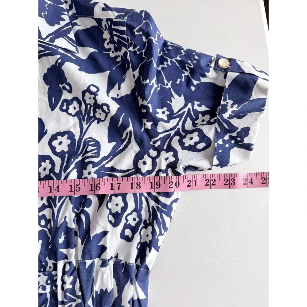 Joie Blue White Floral Cotton Midi Shirtdress Belted Short Sleeve Pockets Large - Picture 12 of 13